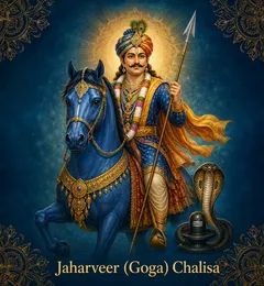 Devotional illustration accompanying Jaharveer (Goga) Chalisa, framed by a gold mandala halo and ornamental corner border on a deep blue background