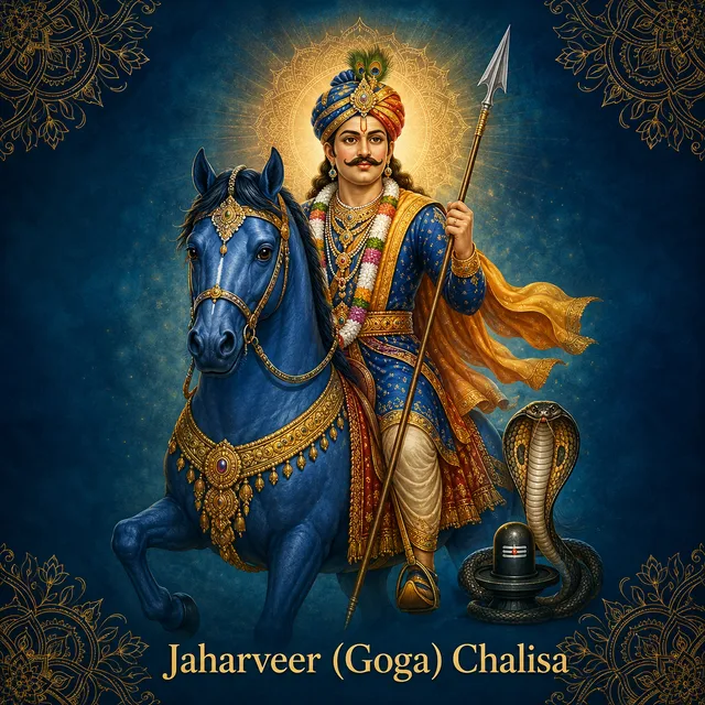 Devotional illustration accompanying Jaharveer (Goga) Chalisa, framed by a gold mandala halo and ornamental corner border on a deep blue background