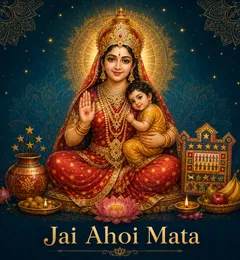 Devotional illustration accompanying Jai Ahoi Mata, framed by a gold mandala halo and ornamental corner border on a deep blue background