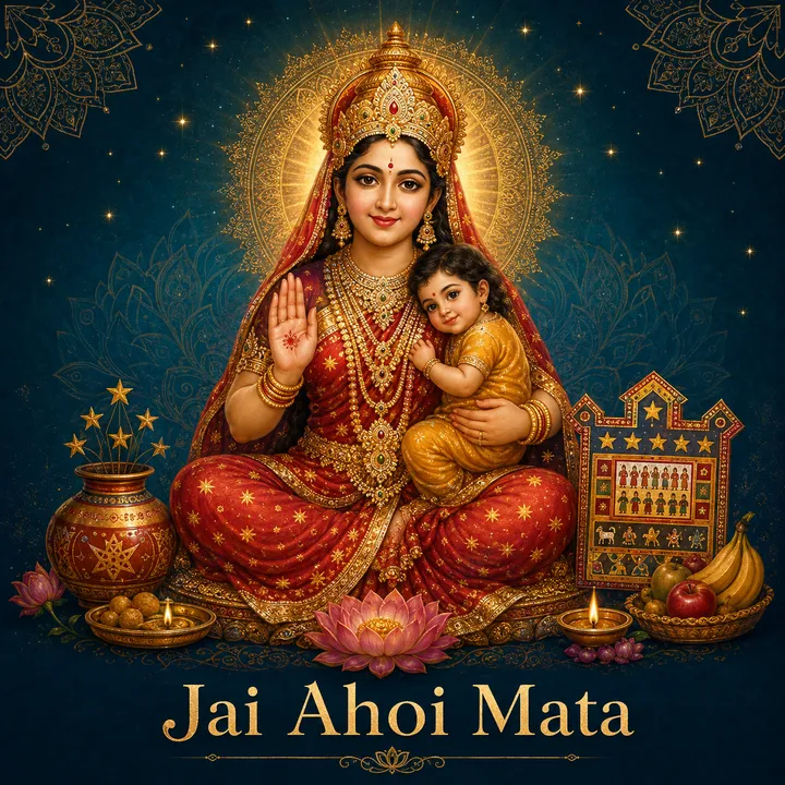 Devotional illustration accompanying Jai Ahoi Mata, framed by a gold mandala halo and ornamental corner border on a deep blue background