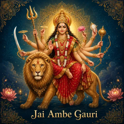 Devotional illustration accompanying Jai Ambe Gauri, framed by a gold mandala halo and ornamental corner border on a deep blue background