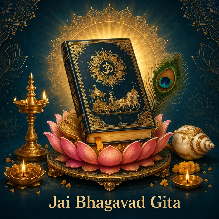 Devotional illustration accompanying Jai Bhagavad Gite, framed by a gold mandala halo and ornamental corner border on a deep blue background