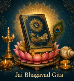 Devotional illustration accompanying Jai Bhagavad Gite, framed by a gold mandala halo and ornamental corner border on a deep blue background