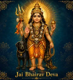 Devotional illustration accompanying Jai Bhairav Deva, framed by a gold mandala halo and ornamental corner border on a deep blue background
