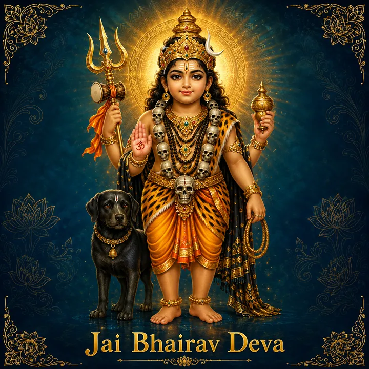 Devotional illustration accompanying Jai Bhairav Deva, framed by a gold mandala halo and ornamental corner border on a deep blue background