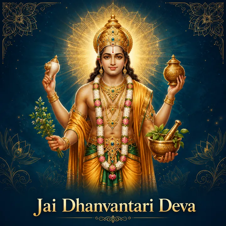 Devotional illustration accompanying Jai Dhanvantari Deva, framed by a gold mandala halo and ornamental corner border on a deep blue background