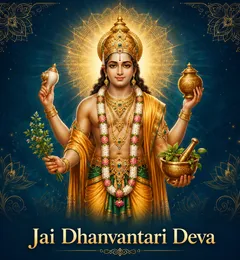 Devotional illustration accompanying Jai Dhanvantari Deva, framed by a gold mandala halo and ornamental corner border on a deep blue background