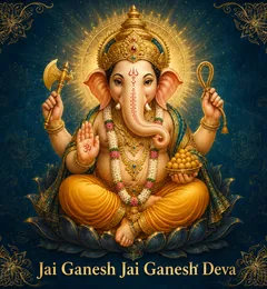 Devotional illustration accompanying Jai Ganesh Jai Ganesh Deva, framed by a gold mandala halo and ornamental corner border on a deep blue background