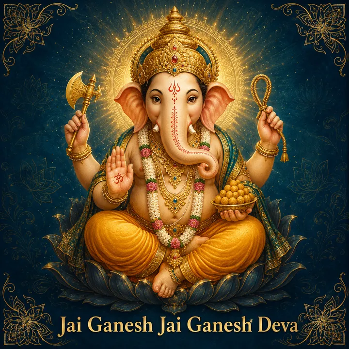 Devotional illustration accompanying Jai Ganesh Jai Ganesh Deva, framed by a gold mandala halo and ornamental corner border on a deep blue background
