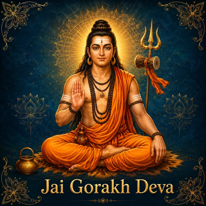 Devotional illustration accompanying Jai Gorakh Deva, framed by a gold mandala halo and ornamental corner border on a deep blue background