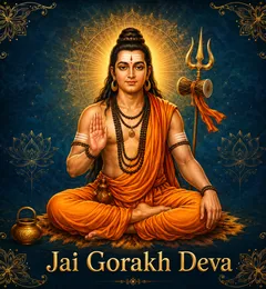 Devotional illustration accompanying Jai Gorakh Deva, framed by a gold mandala halo and ornamental corner border on a deep blue background