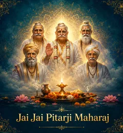 Devotional illustration accompanying Jai Jai Pitarji Maharaj, framed by a gold mandala halo and ornamental corner border on a deep blue background