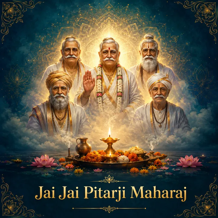 Devotional illustration accompanying Jai Jai Pitarji Maharaj, framed by a gold mandala halo and ornamental corner border on a deep blue background