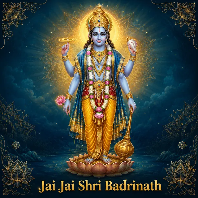 Devotional illustration accompanying Jai Jai Shri Badrinath, framed by a gold mandala halo and ornamental corner border on a deep blue background
