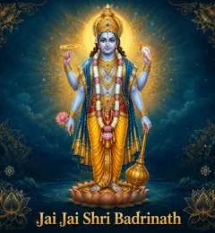 Devotional illustration accompanying Jai Jai Shri Badrinath, framed by a gold mandala halo and ornamental corner border on a deep blue background