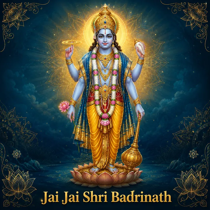 Devotional illustration accompanying Jai Jai Shri Badrinath, framed by a gold mandala halo and ornamental corner border on a deep blue background