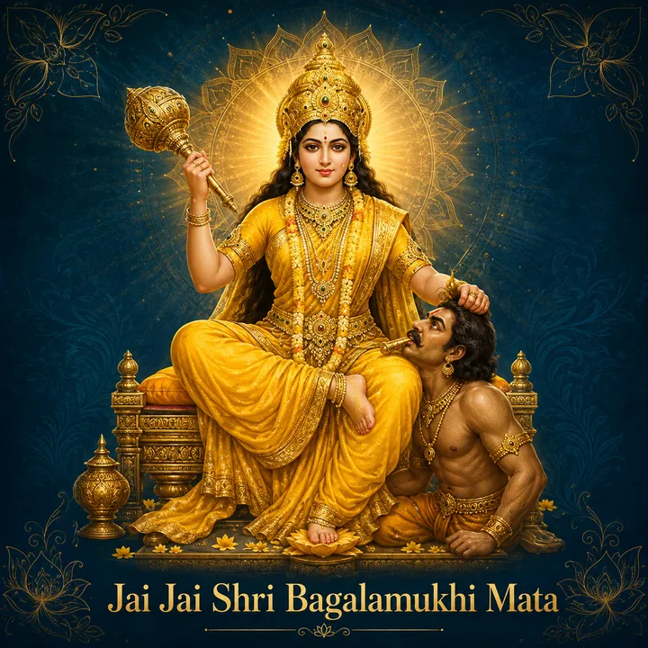 Devotional illustration accompanying Jai Jai Shri Bagalamukhi Mata, framed by a gold mandala halo and ornamental corner border on a deep blue background