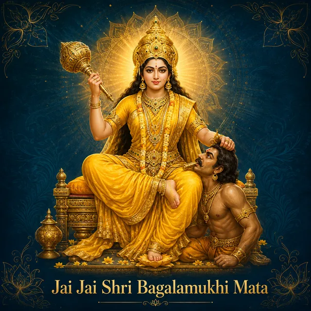 Devotional illustration accompanying Jai Jai Shri Bagalamukhi Mata, framed by a gold mandala halo and ornamental corner border on a deep blue background