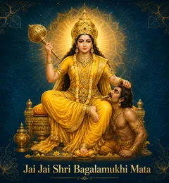 Devotional illustration accompanying Jai Jai Shri Bagalamukhi Mata, framed by a gold mandala halo and ornamental corner border on a deep blue background