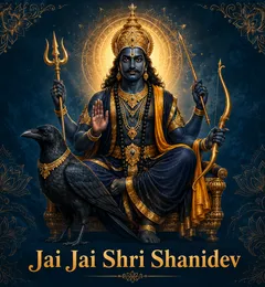 Devotional illustration accompanying Jai Jai Shri Shanidev, framed by a gold mandala halo and ornamental corner border on a deep blue background