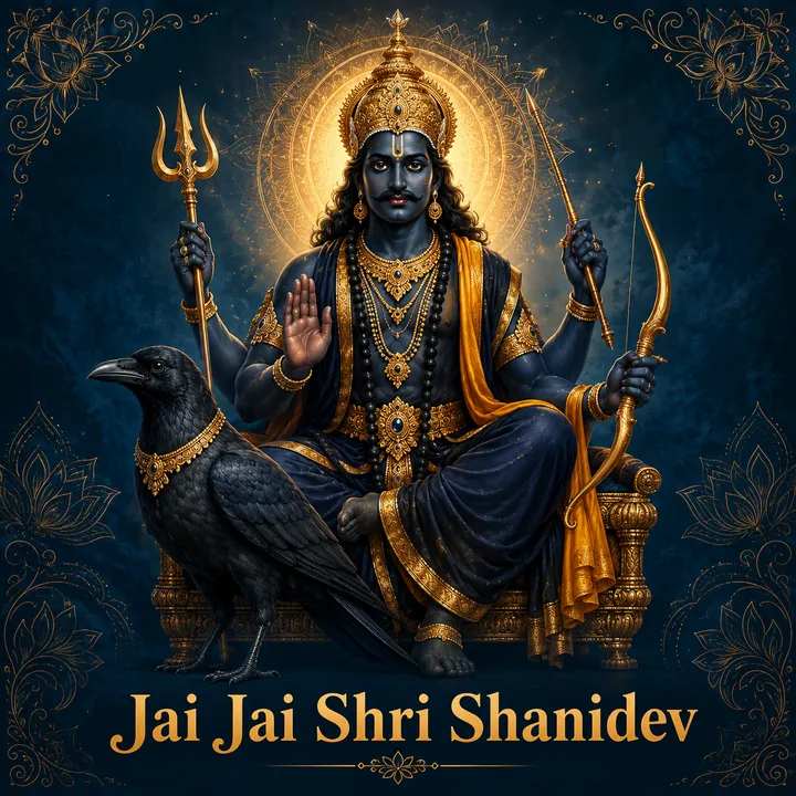 Devotional illustration accompanying Jai Jai Shri Shanidev, framed by a gold mandala halo and ornamental corner border on a deep blue background