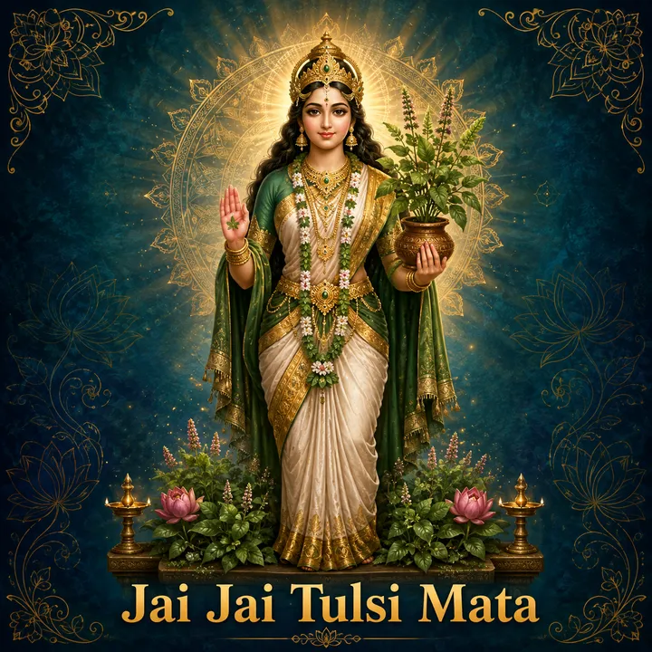 Devotional illustration accompanying Jai Jai Tulsi Mata, framed by a gold mandala halo and ornamental corner border on a deep blue background