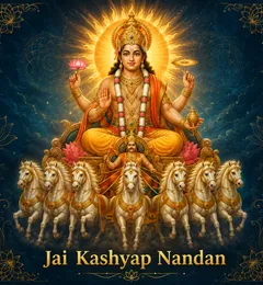Devotional illustration accompanying Jai Kashyap Nandan, framed by a gold mandala halo and ornamental corner border on a deep blue background