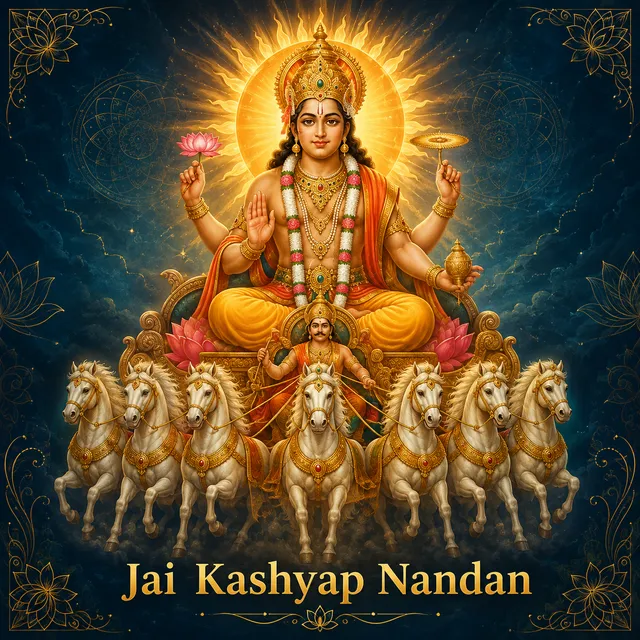 Devotional illustration accompanying Jai Kashyap Nandan, framed by a gold mandala halo and ornamental corner border on a deep blue background