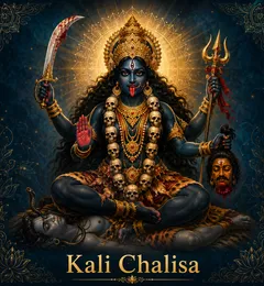 Devotional illustration accompanying Kali Chalisa, framed by a gold mandala halo and ornamental corner border on a deep blue background