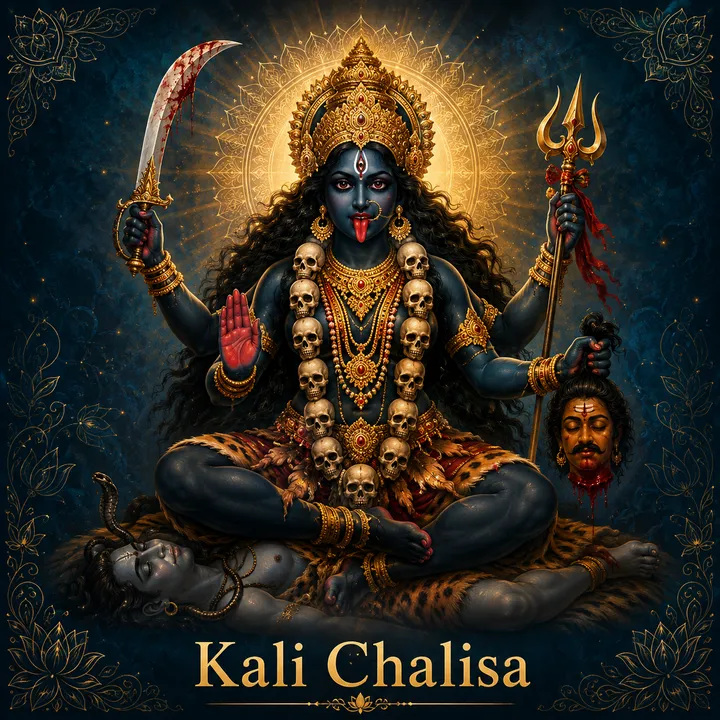 Devotional illustration accompanying Kali Chalisa, framed by a gold mandala halo and ornamental corner border on a deep blue background