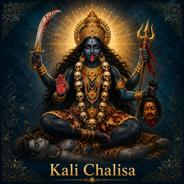 Devotional illustration accompanying Kali Chalisa, framed by a gold mandala halo and ornamental corner border on a deep blue background