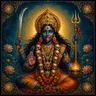 Traditional devotional depiction of Kali, dark blue-complexioned with a protruding tongue and a third eye, seated and garlanded with a necklace of skulls, holding a sword and a trident, one hand raised in blessing and another holding a flame