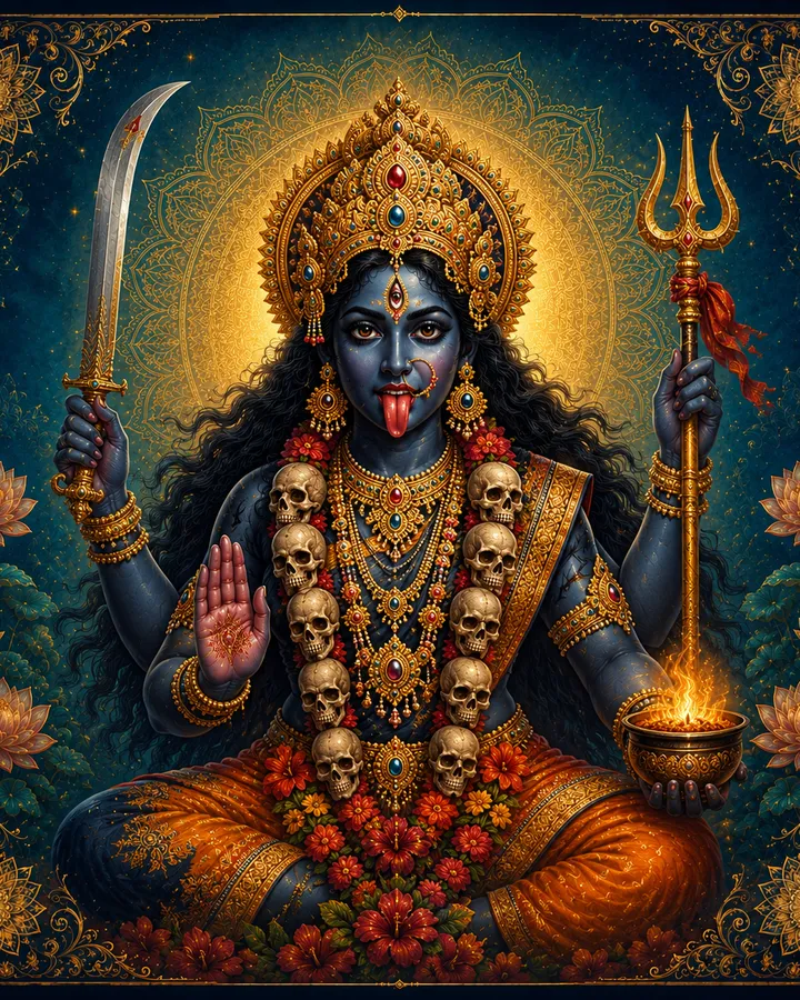 Traditional devotional depiction of Kali, dark blue-complexioned with a protruding tongue and a third eye, seated and garlanded with a necklace of skulls, holding a sword and a trident, one hand raised in blessing and another holding a flame
