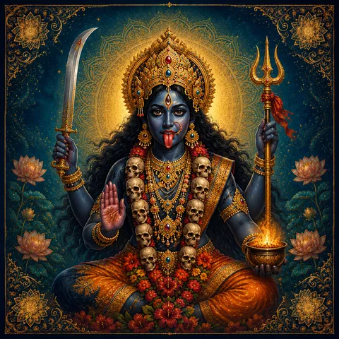 Traditional devotional depiction of Kali, dark blue-complexioned with a protruding tongue and a third eye, seated and garlanded with a necklace of skulls, holding a sword and a trident, one hand raised in blessing and another holding a flame