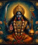 Traditional devotional depiction of Kali, dark blue-complexioned with a protruding tongue and a third eye, seated and garlanded with a necklace of skulls, holding a sword and a trident, one hand raised in blessing and another holding a flame