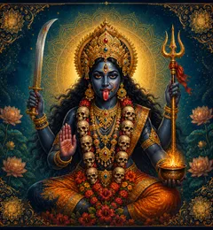 Traditional devotional depiction of Kali, dark blue-complexioned with a protruding tongue and a third eye, seated and garlanded with a necklace of skulls, holding a sword and a trident, one hand raised in blessing and another holding a flame