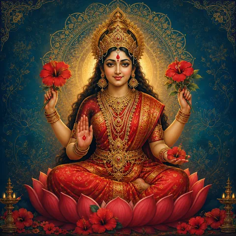 Devotional depiction of Kamakhya seated on a lotus in red and gold, holding hibiscus blossoms, with one hand raised in blessing