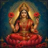 Devotional depiction of Kamakhya seated on a lotus in red and gold, holding hibiscus blossoms, with one hand raised in blessing