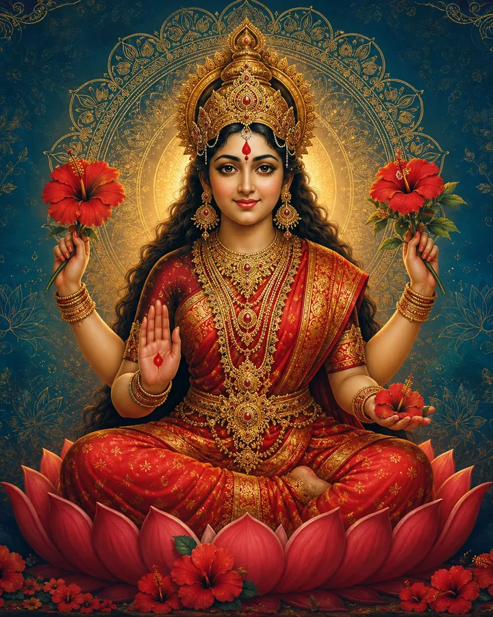 Devotional depiction of Kamakhya seated on a lotus in red and gold, holding hibiscus blossoms, with one hand raised in blessing