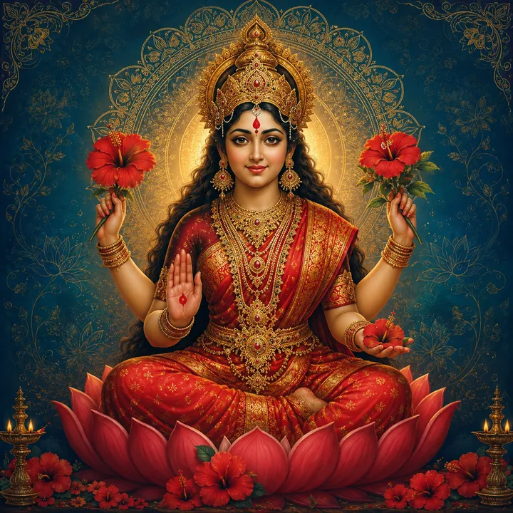 Devotional depiction of Kamakhya seated on a lotus in red and gold, holding hibiscus blossoms, with one hand raised in blessing