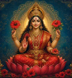 Devotional depiction of Kamakhya seated on a lotus in red and gold, holding hibiscus blossoms, with one hand raised in blessing