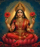 Devotional depiction of Kamakhya seated on a lotus in red and gold, holding hibiscus blossoms, with one hand raised in blessing