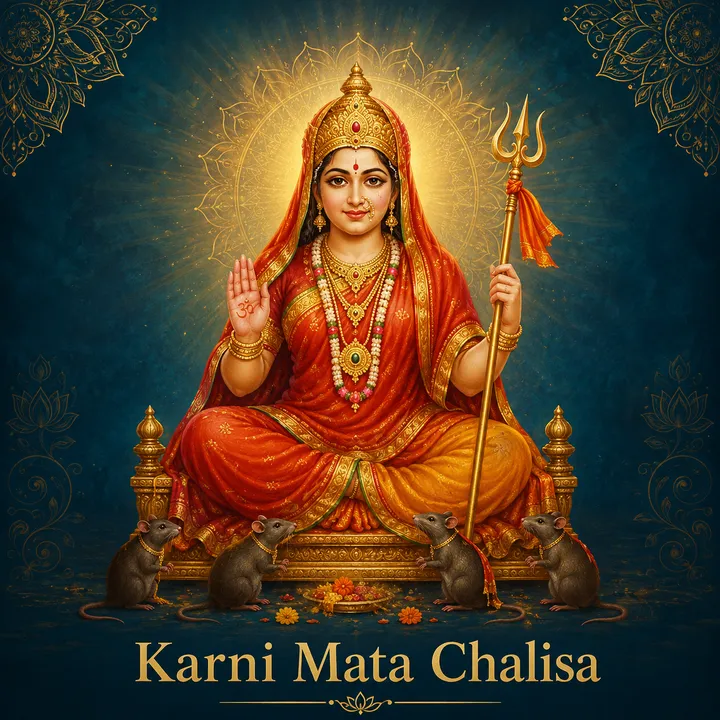 Devotional illustration accompanying Karni Mata Chalisa, framed by a gold mandala halo and ornamental corner border on a deep blue background