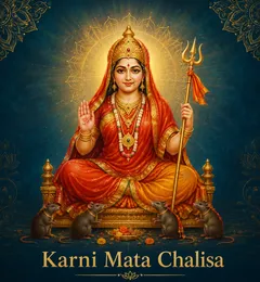 Devotional illustration accompanying Karni Mata Chalisa, framed by a gold mandala halo and ornamental corner border on a deep blue background