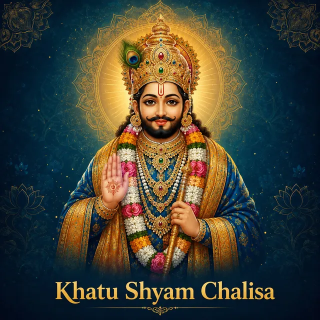 Devotional illustration accompanying Khatu Shyam Chalisa, framed by a gold mandala halo and ornamental corner border on a deep blue background