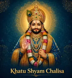 Devotional illustration accompanying Khatu Shyam Chalisa, framed by a gold mandala halo and ornamental corner border on a deep blue background
