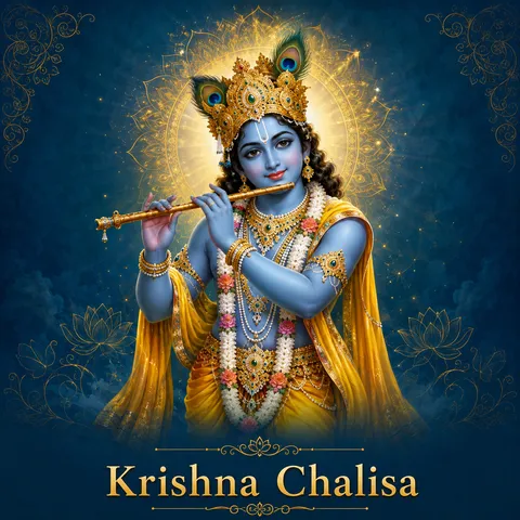 Devotional illustration accompanying Krishna Chalisa, framed by a gold mandala halo and ornamental corner border on a deep blue background