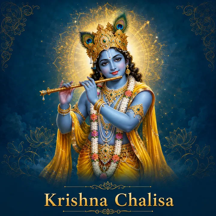 Devotional illustration accompanying Krishna Chalisa, framed by a gold mandala halo and ornamental corner border on a deep blue background