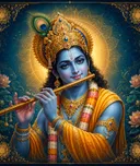Traditional devotional depiction of Krishna playing the flute