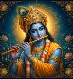 Traditional devotional depiction of Krishna playing the flute